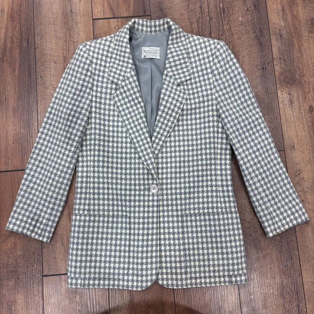 VTG Miss Pendleton Virgin Wool Blazer Jacket Blue & White Houndstooth Vintage 8